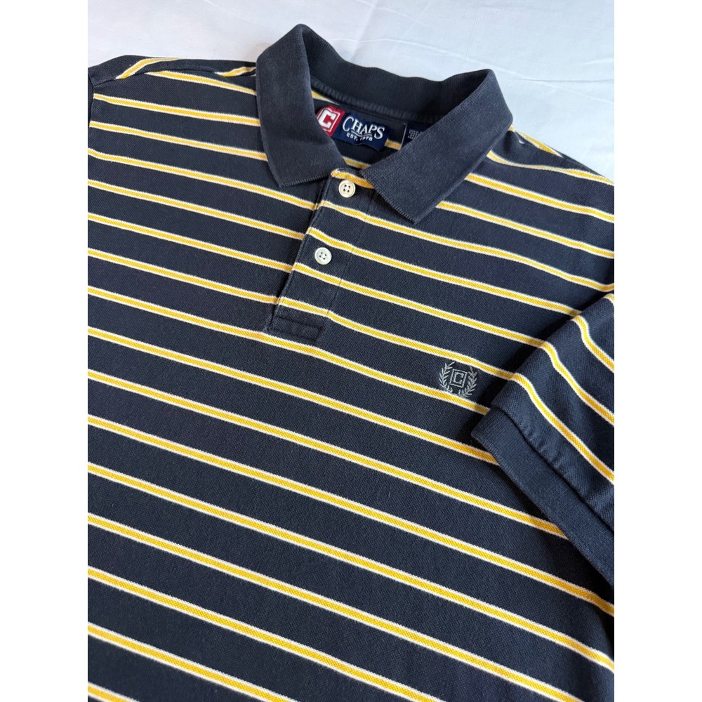 Chaps Mens Large Polo Shirt Navy Blue Yellow White Striped Short Sleeve Cotton